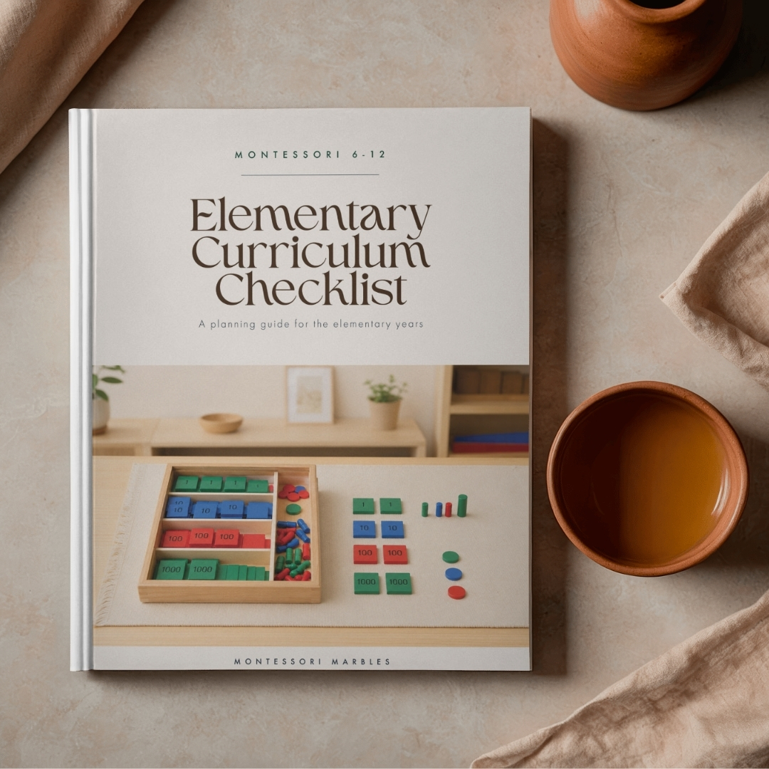 Elementary Curriculum Checklist for Montessori ages 6 to 12 shown on a styled desk