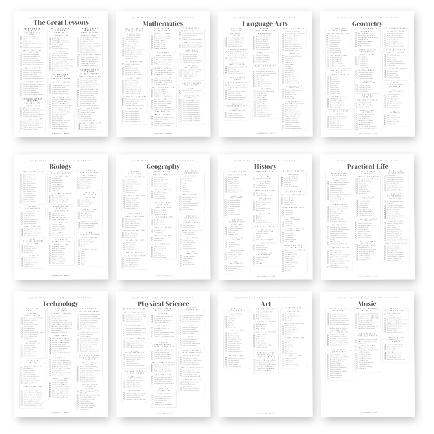 All 12 Montessori elementary subjects mapped across the printable checklist for ages 6 to 12